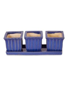 BLUE SQUARE CERAMIC SMALL PLANTER SET OF 3