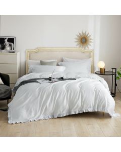 DM807K Ruffle Edge Bedding -Snow White: 6 Pieces Luxury King Size Duvet Cover Set 100% Cotton